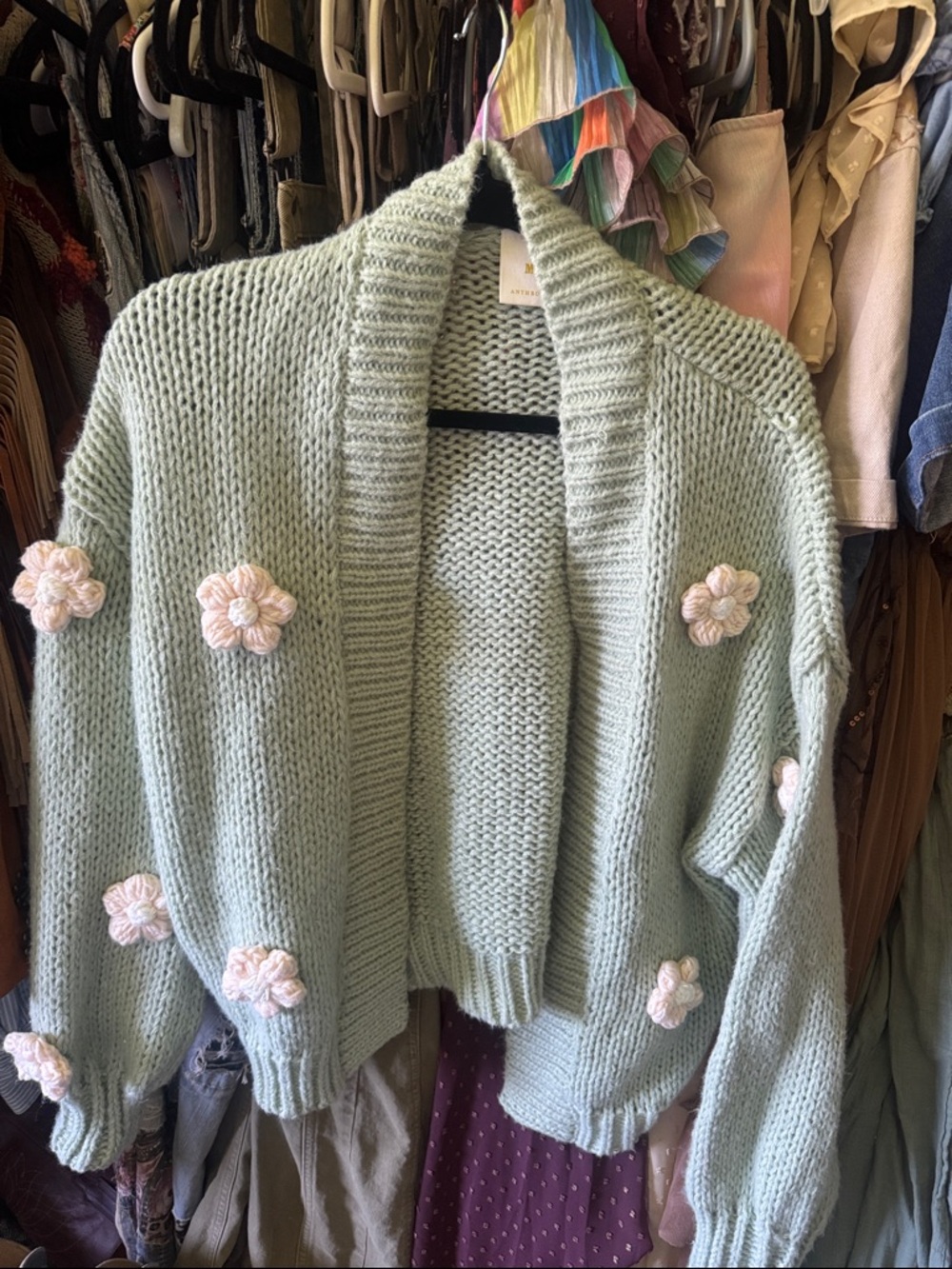 Maeve Mint Green Chunky Knit Cardigan with Cream Floral Appliqués